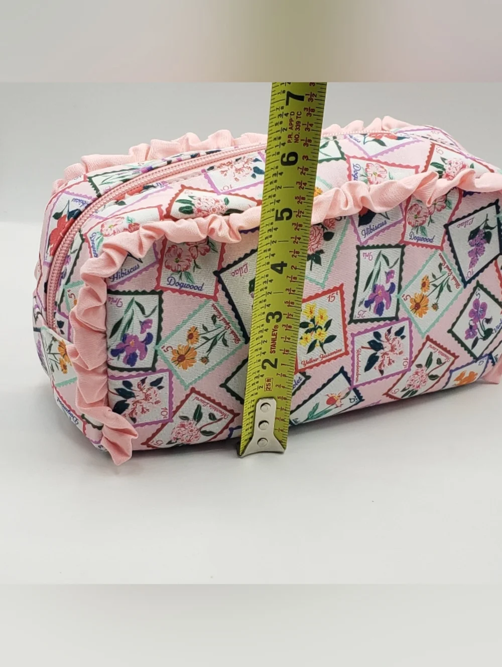 Floral Stamp Print Pink Ruffle Cosmetic Bag